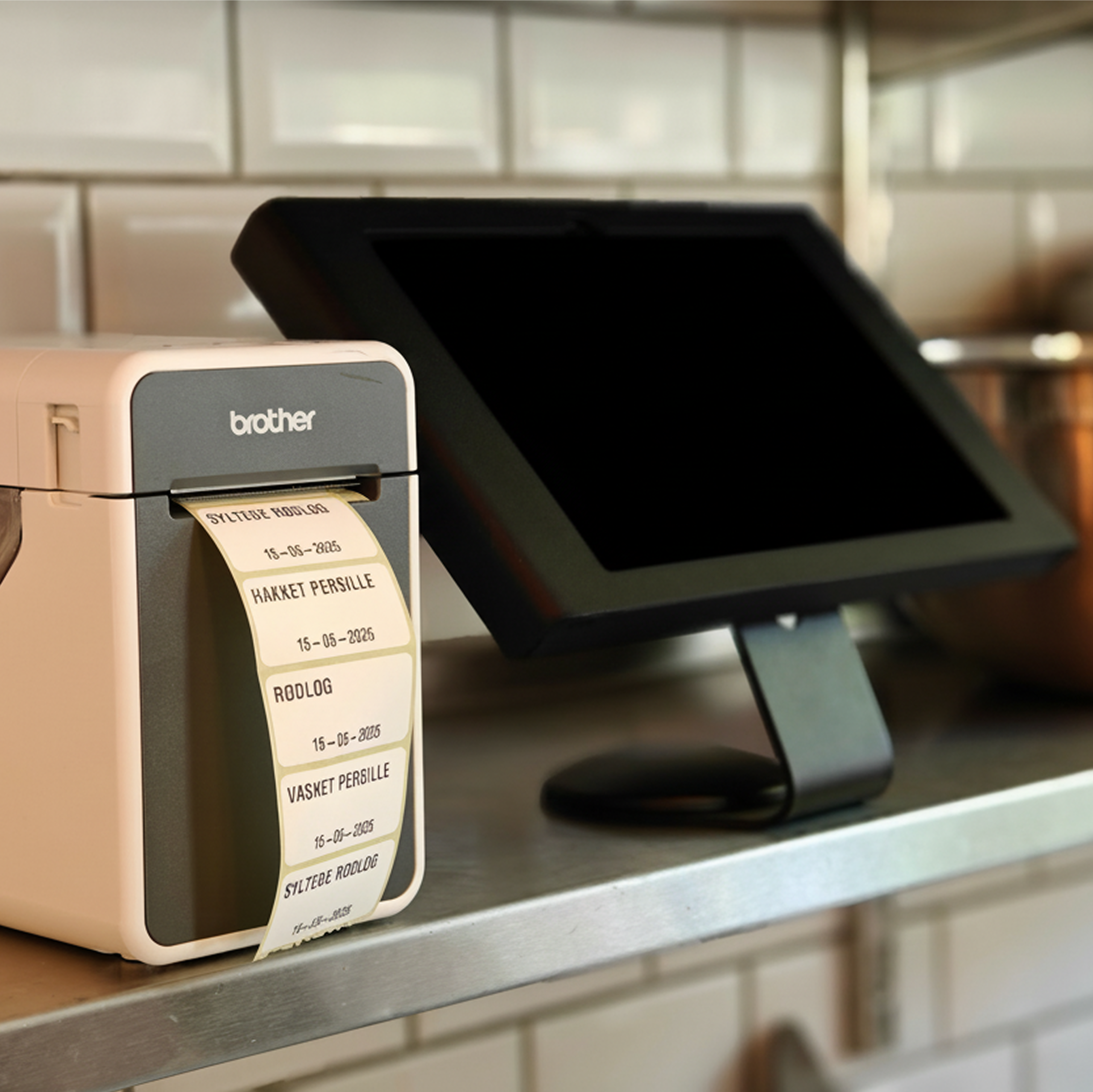 Printer and Tablet on kitchen shelf
